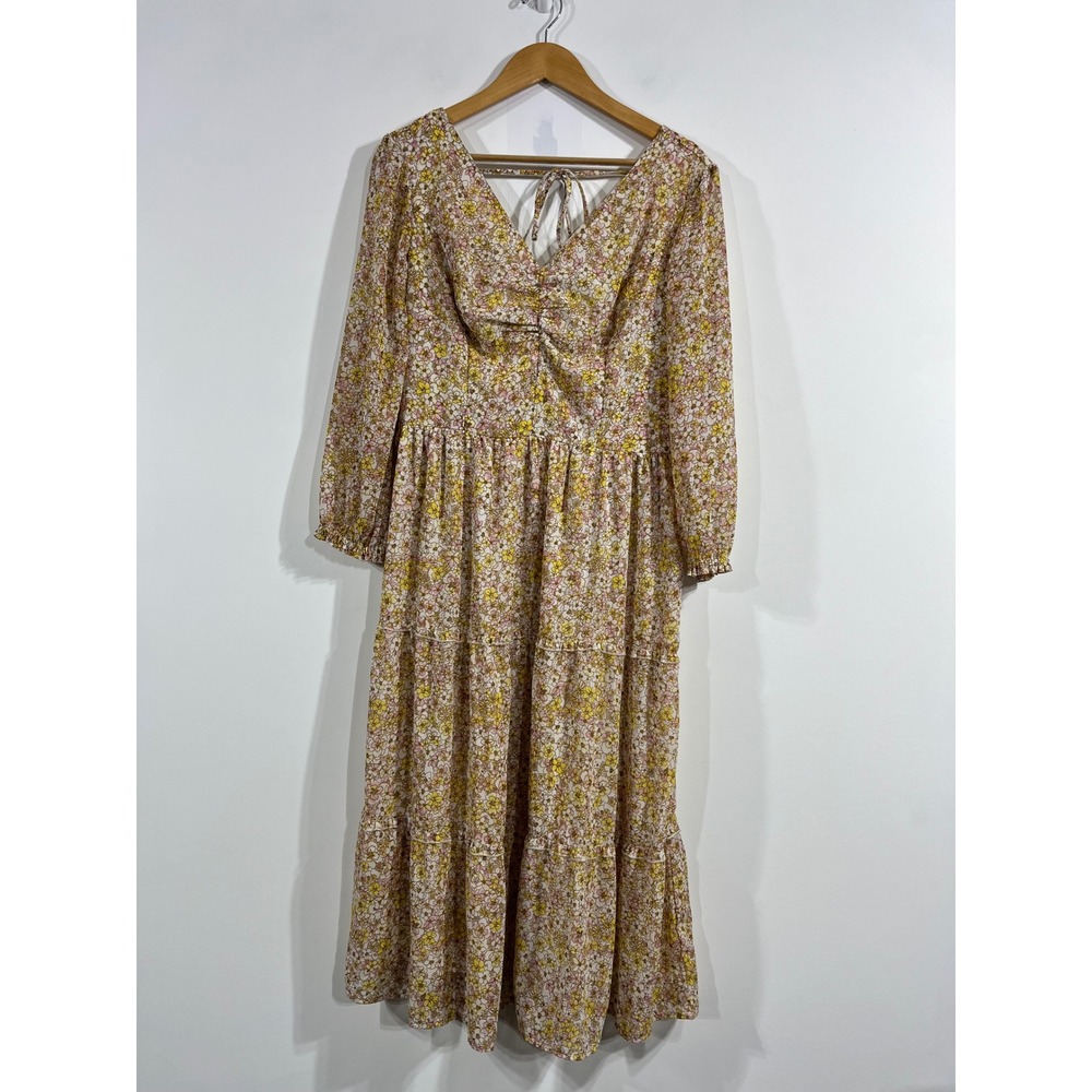 Sincerely Jules Cottagecore Milkmaid Floral Tiered Midi Dress Smocked Womens XL‎
